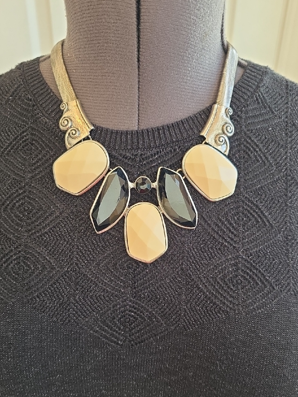 SALE Statement Necklace with Beige and Black Faceted Stones